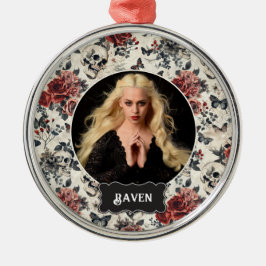 Personalized Photo Gothic Rose and Skull Christmas メタルオーナメント