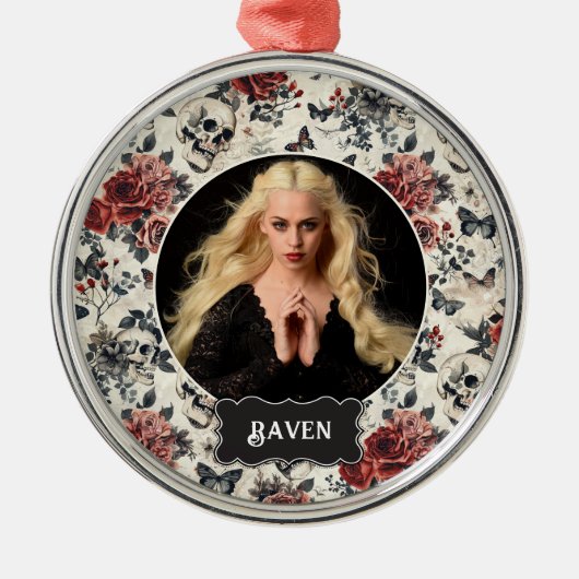 Personalized Photo Gothic Rose and Skull Christmas メタルオーナメント (正面)