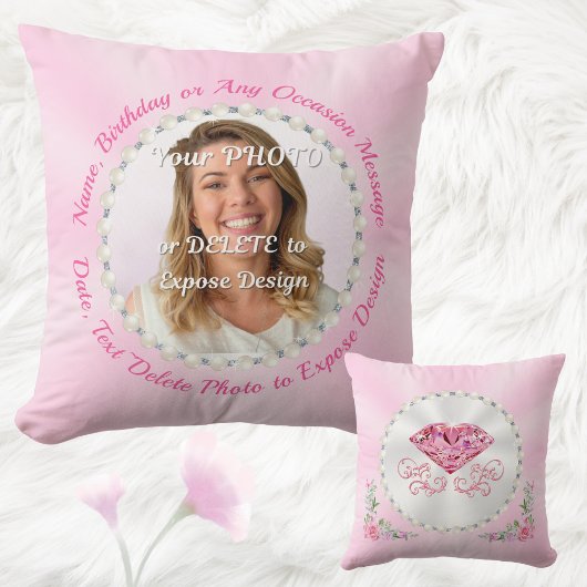Personalized Photo Pillow, Pink Birthday Presents クッション