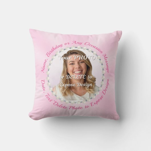 Personalized Photo Pillow, Pink Birthday Presents クッション (正面)