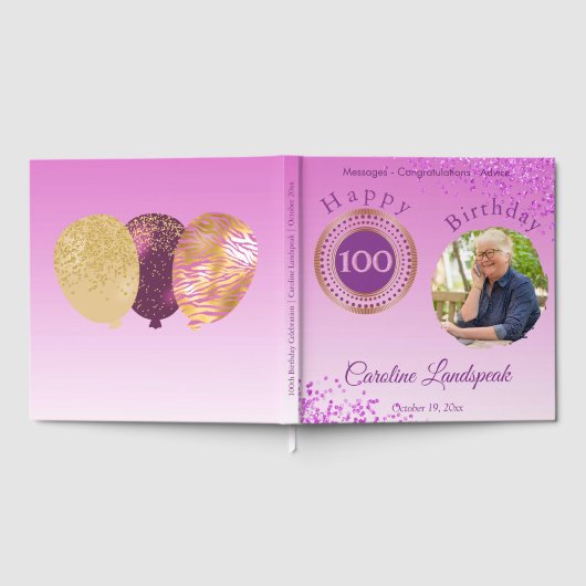 Personalized Photo Pink Glitter, 100th Birthday ゲストブック (全面)