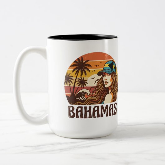 Personalized Photo Retro Bahamas Tropical Beach ツートーンマグカップ (左)