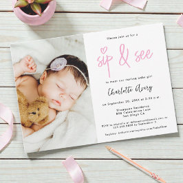 Personalized Photo Sip and See Baby Girl Shower 招待状