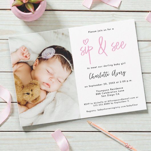 Personalized Photo Sip and See Baby Girl Shower 招待状