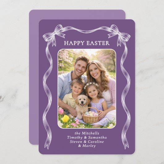 Personalized Photo White Ribbon On Violet Easter シーズンカード (正面/裏面)