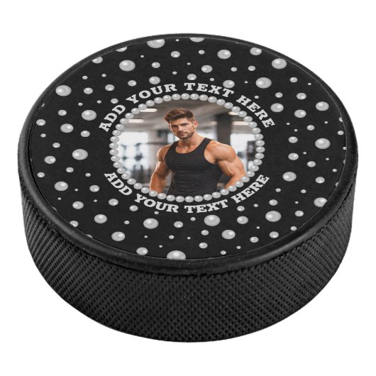 Personalized Photo with Pearls Circle on Black アイスホッケーパック (3/4)