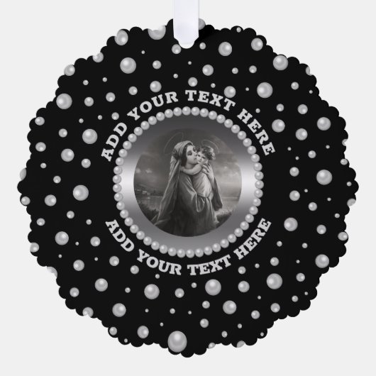 Personalized Photo with Pearls Circle on Black オーナメントカード (正面)