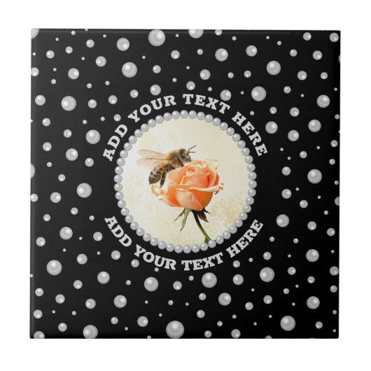 Personalized Photo with Pearls Circle on Black タイル (正面)