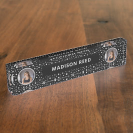 Personalized Photo with Pearls Circle on Black デスクネームプレート