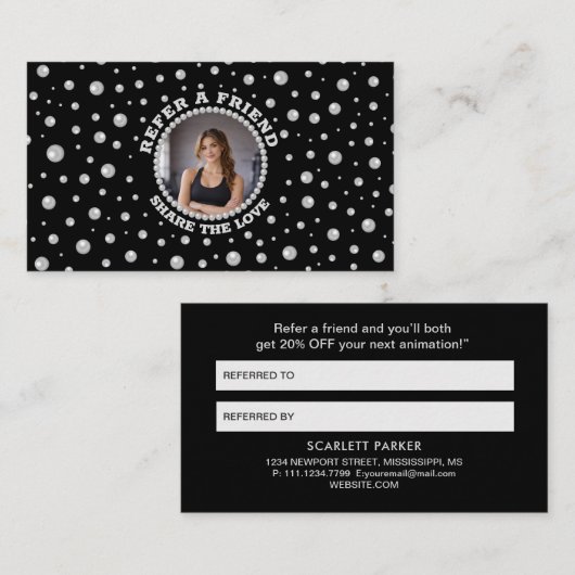 Personalized Photo with Pearls Circle on Black 紹介カード (正面/裏面)