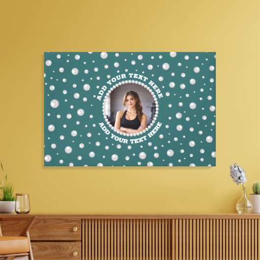 Personalized Photo with Pearls Circle on Teal キャンバスプリント (インサイチュ (リビング))