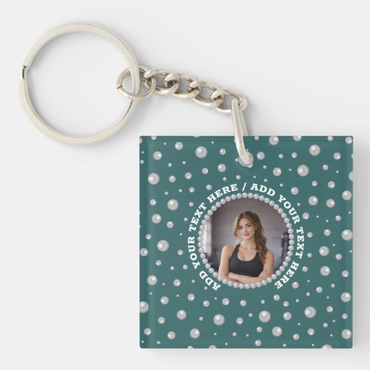 Personalized Photo with Pearls Circle on Teal キーホルダー (正面)