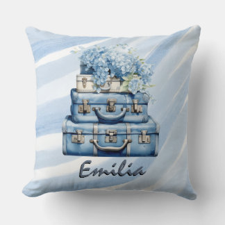 Personalized pillow Vintage suitcases Blue hydrang クッション
