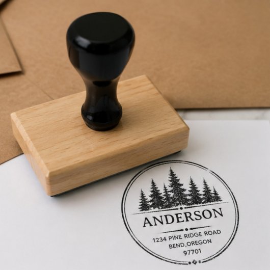 Personalized Pine Trees Return Address family name ラバースタンプ