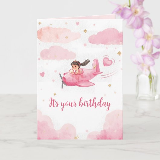 Personalized Pink Airplane Birthday Card カード (蘭)