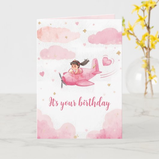 Personalized Pink Airplane Birthday Card カード (黄色い花)