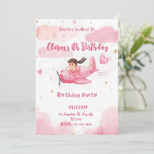 Personalized Pink Airplane Girl Birthday Invitatio 招待状 (スタンド正面)