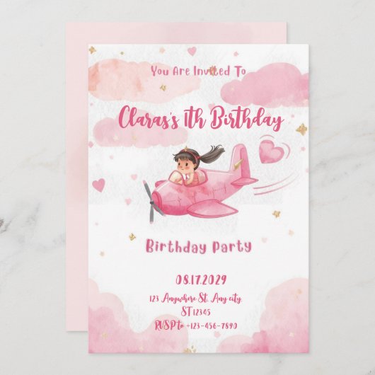 Personalized Pink Airplane Girl Birthday Invitatio 招待状 (正面/裏面)
