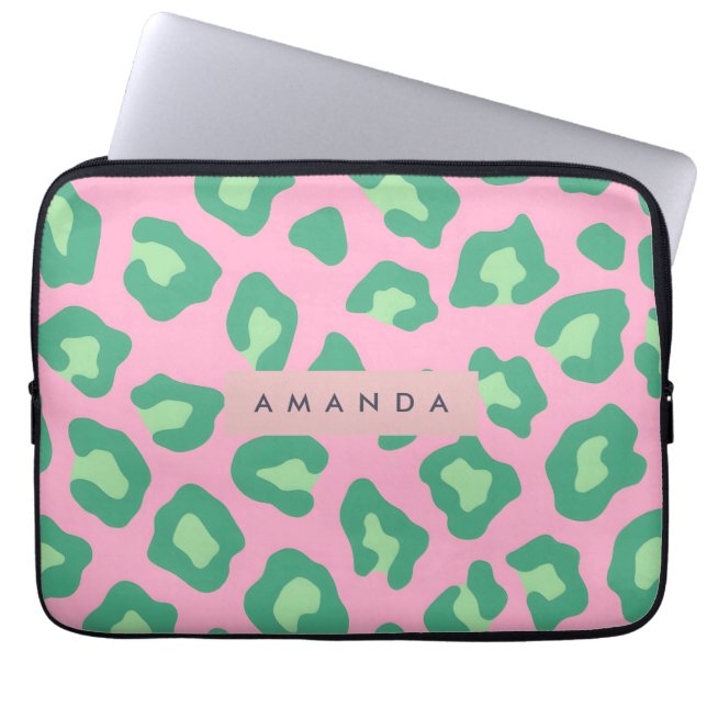 Personalized Pink and Green Leopard Print ラップトップスリーブ (正面)