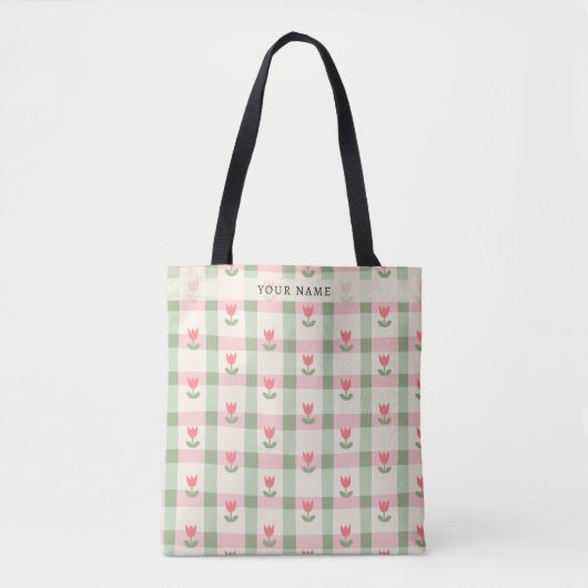 Personalized Pink and Green Plaid Tulip Gingham トートバッグ (正面)