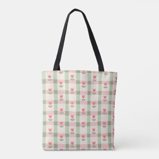 Personalized Pink and Green Plaid Tulip Gingham トートバッグ (裏面)