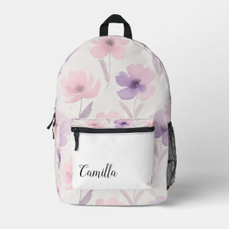 Personalized Pink and Purple Watercolor Floral Bac プリントバックパック