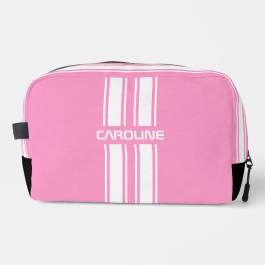 Personalized Pink And White Racing Stripe Travel ドップキット (正面)