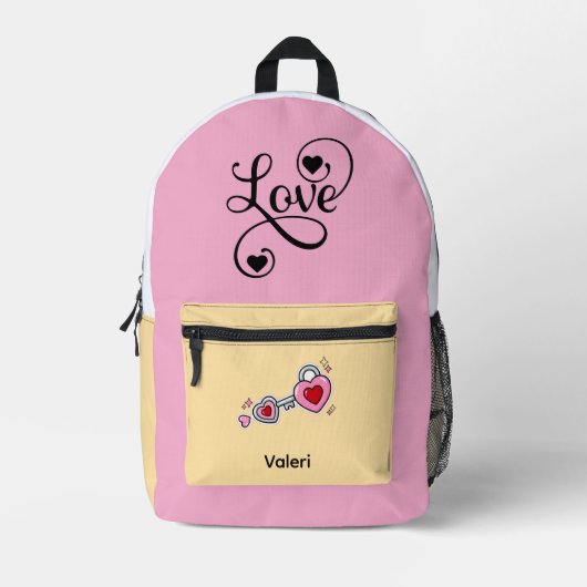 Personalized Pink Backpack with "Love" & Heart Key プリントバックパック (正面)