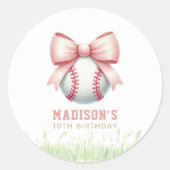 Personalized Pink Baseball Bow Girl Birthday ラウンドシール (正面)