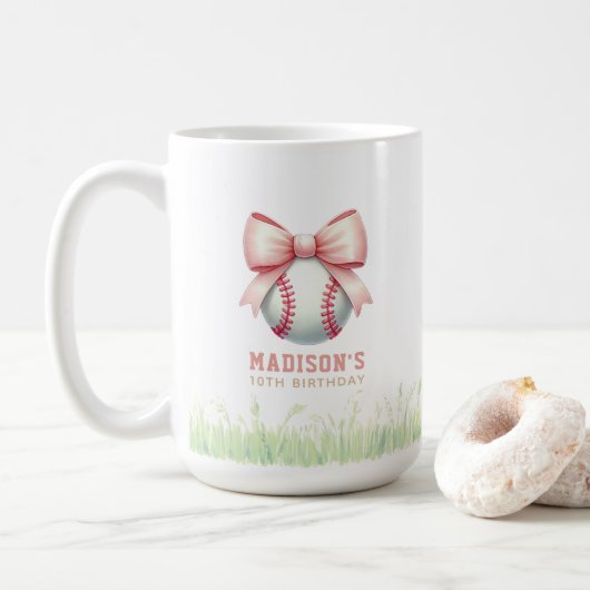 Personalized Pink Baseball Girl Bow コーヒーマグカップ (ドーナツ)