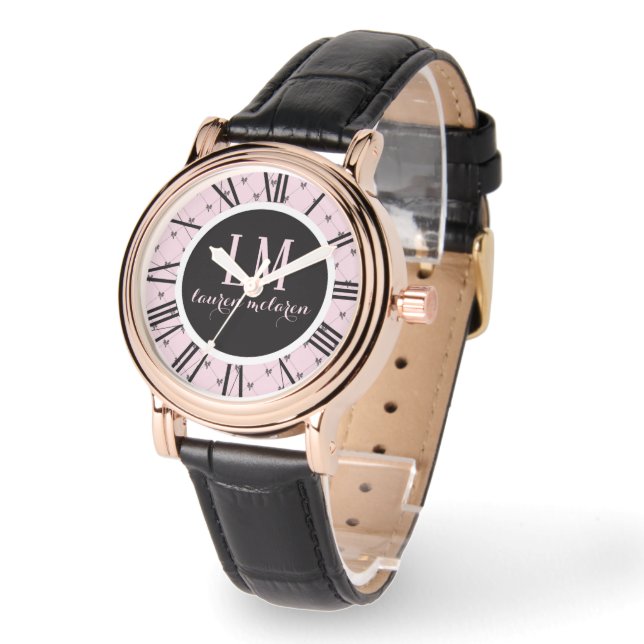 Personalized Pink & Black Bow 腕時計 (傾斜)