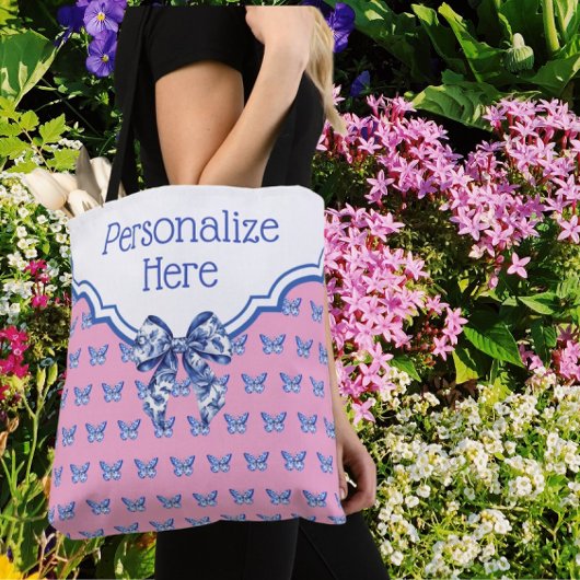 Personalized Pink Blue White Butterfly トートバッグ