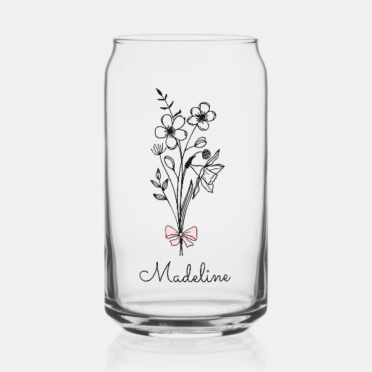 Personalized Pink Bow Birth Month Flower ガラス缶 (正面)