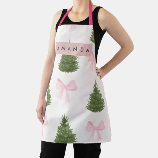 Personalized Pink Bow & Christmas Tree エプロン (インサイチュ)