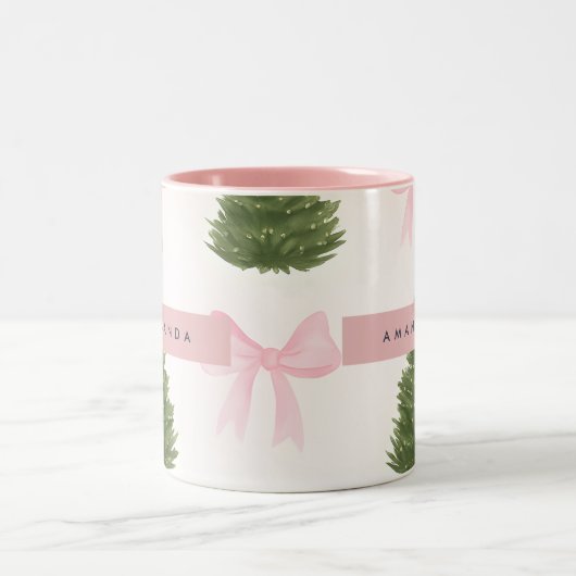 Personalized Pink Bow & Christmas Tree ツートーンマグカップ (中央)
