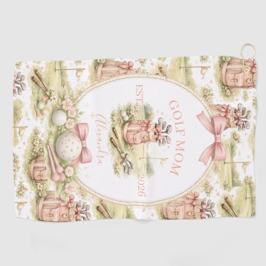 Personalized Pink Bow Golf Mom Gift ゴルフタオル (横)