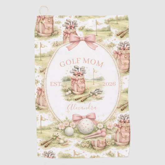 Personalized Pink Bow Golf Mom Gift ゴルフタオル (正面)