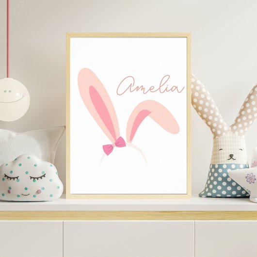 Personalized Pink Bunny Ears Nursery Wall Art Baby ポスター