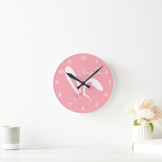 Personalized Pink Bunny Nursery Wall Clock Cute ラウンド壁時計 (ホーム)