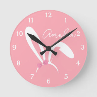 Personalized Pink Bunny Nursery Wall Clock Cute ラウンド壁時計