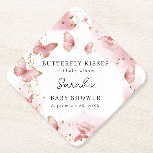 Personalized Pink Butterfly Baby Shower Coaster ペーパーコースター (正面)