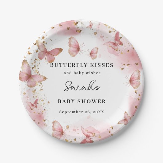 Personalized Pink Butterfly Baby Shower Plates ペーパープレート (正面)