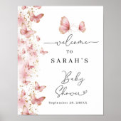 Personalized Pink Butterfly Baby Shower Sign ポスター (正面)
