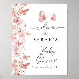 Personalized Pink Butterfly Baby Shower Sign ポスター
