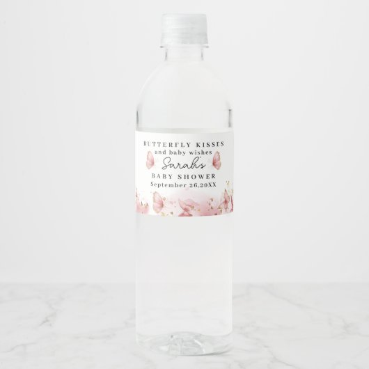 Personalized Pink Butterfly Water Bottle Label ペットボトルラベル (正面)
