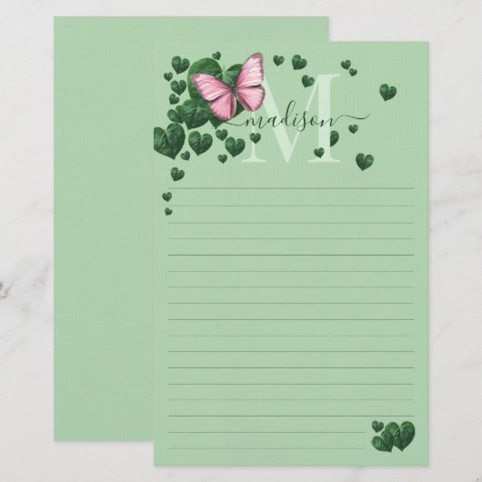 Personalized Pink Butterfly with Heart Leaves 便箋 (正面/裏面)