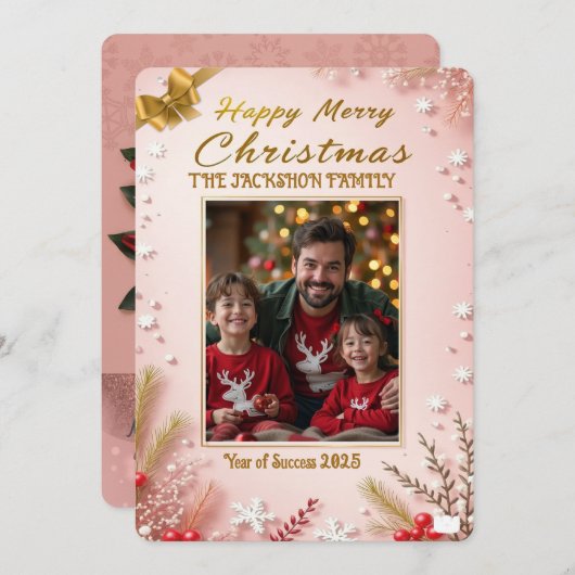 Personalized Pink Christmas Card with Elegant 招待状 (正面/裏面)