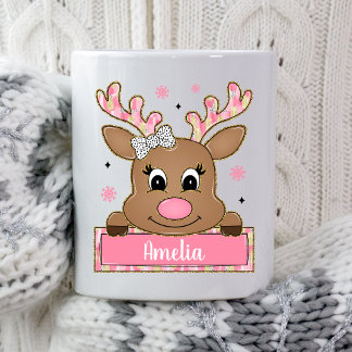 Personalized Pink Christmas Reindeer Xmas Present コーヒーマグカップ
