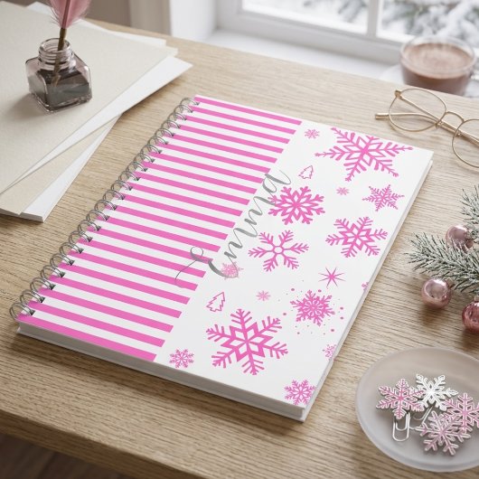 Personalized Pink Christmas Snowflake Notebook ノートブック