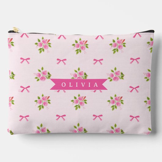 Personalized Pink Coquette Girly Bow Floral Name アクセサリーポーチ (正面)